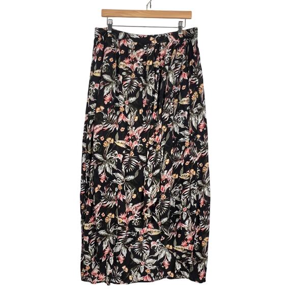Style & Co Black Tropical Printed Flowy Pull On Midi Hi-Lo Layered Skirt L - Picture 2 of 13